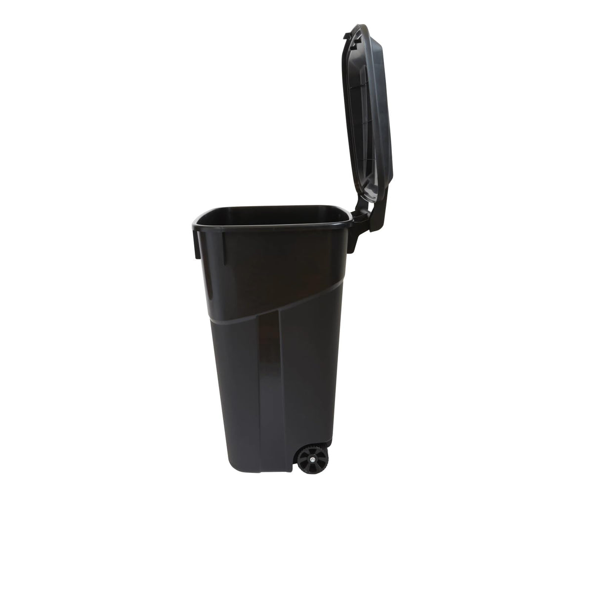 32 Gallon Black Wheeled Plastic Garbage Can with Attached Lid V5582