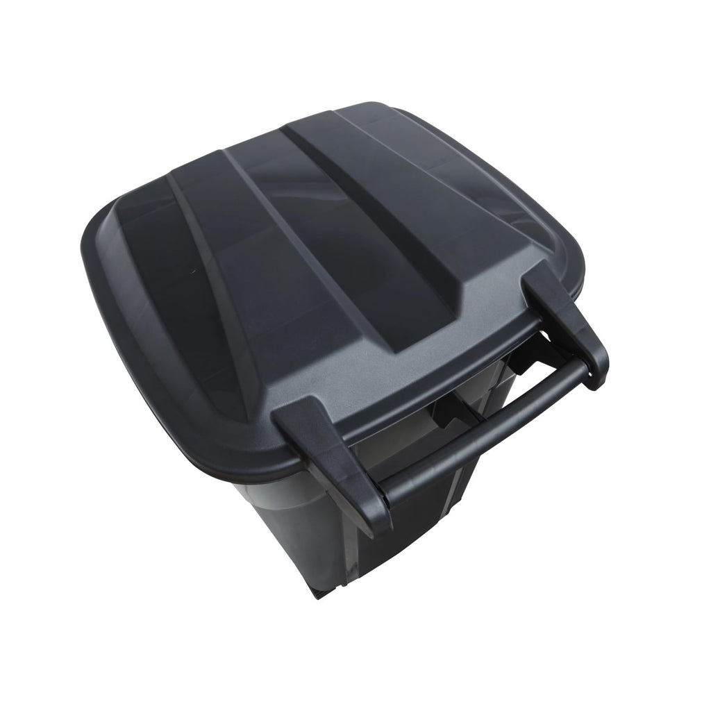 32 Gallon Black Wheeled Plastic Garbage Can with Attached Lid V5582