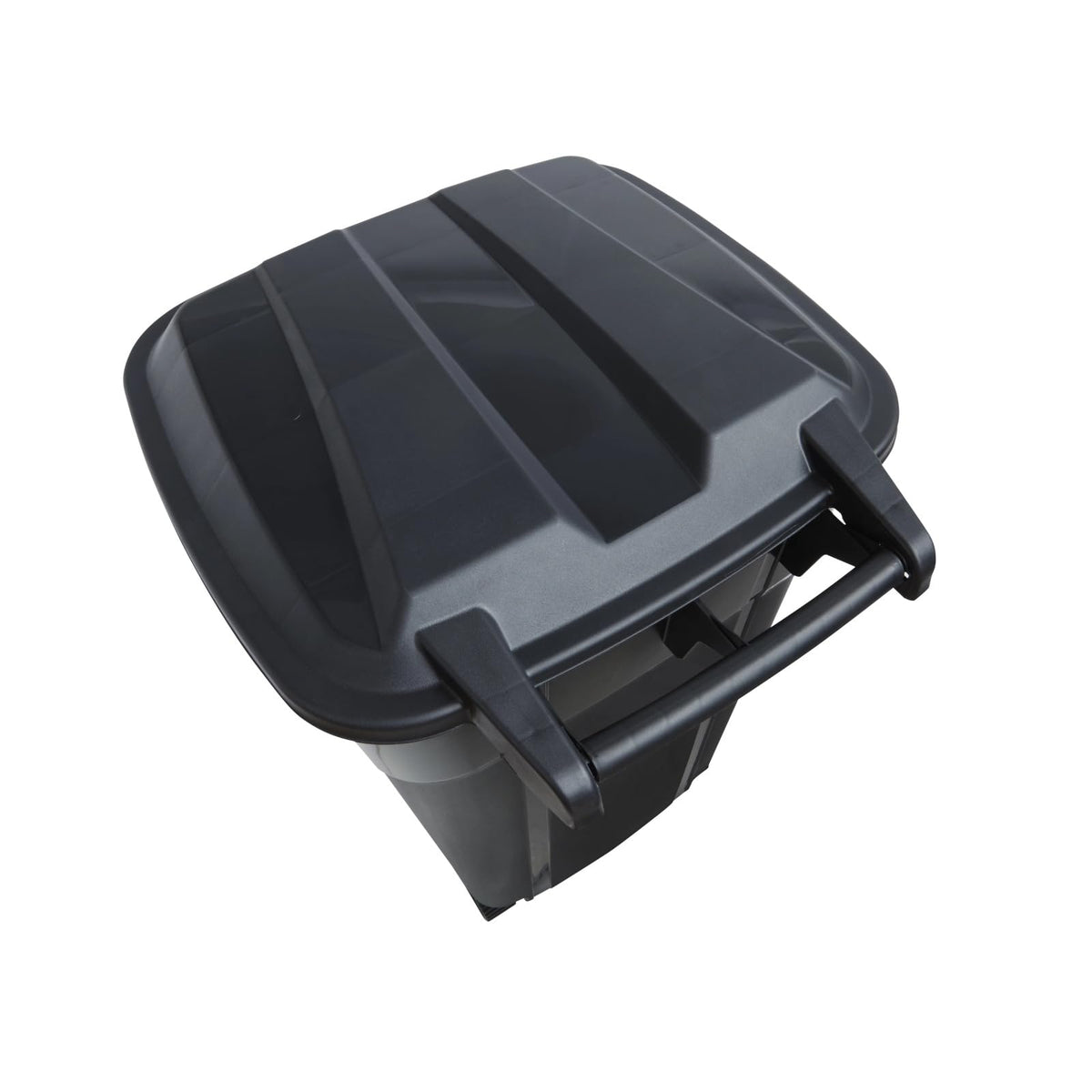 32 Gallon Black Wheeled Plastic Garbage Can with Attached Lid V5582