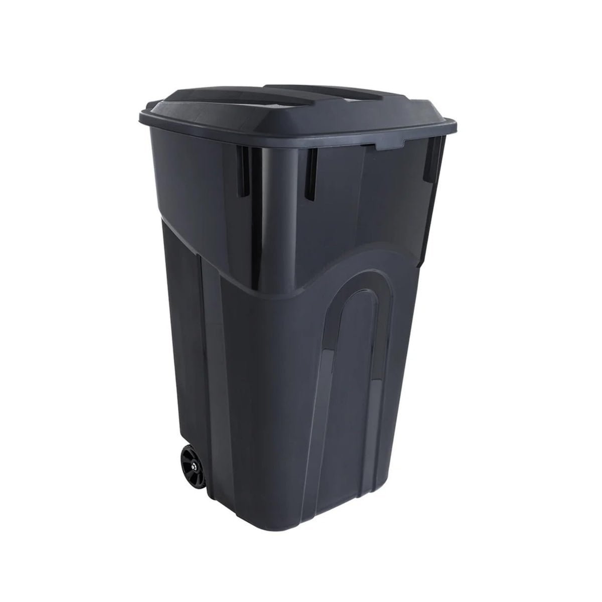 32 Gallon Black Wheeled Plastic Garbage Can with Attached Lid V5582