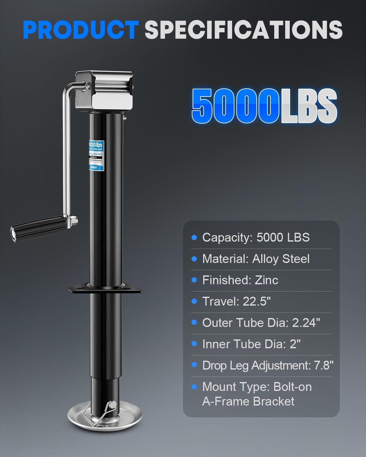 5000 lbs A-Frame Trailer Jack with Adjustable Drop Leg P14844