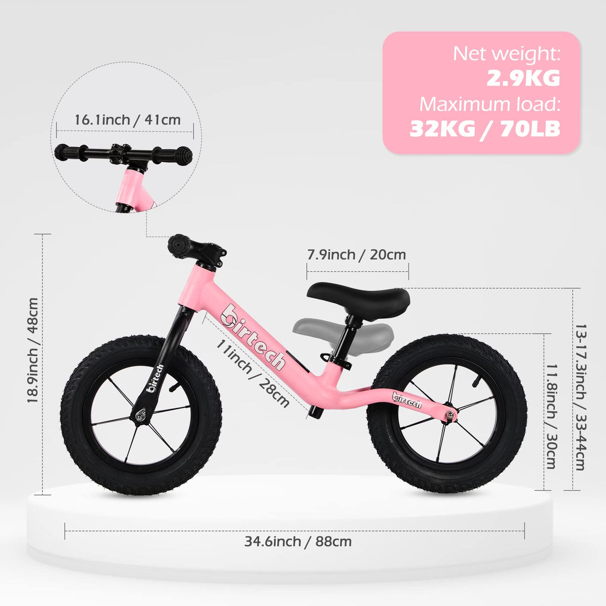 12" No Pedal Balance Bike with Inflatable Rubber Tires C39664