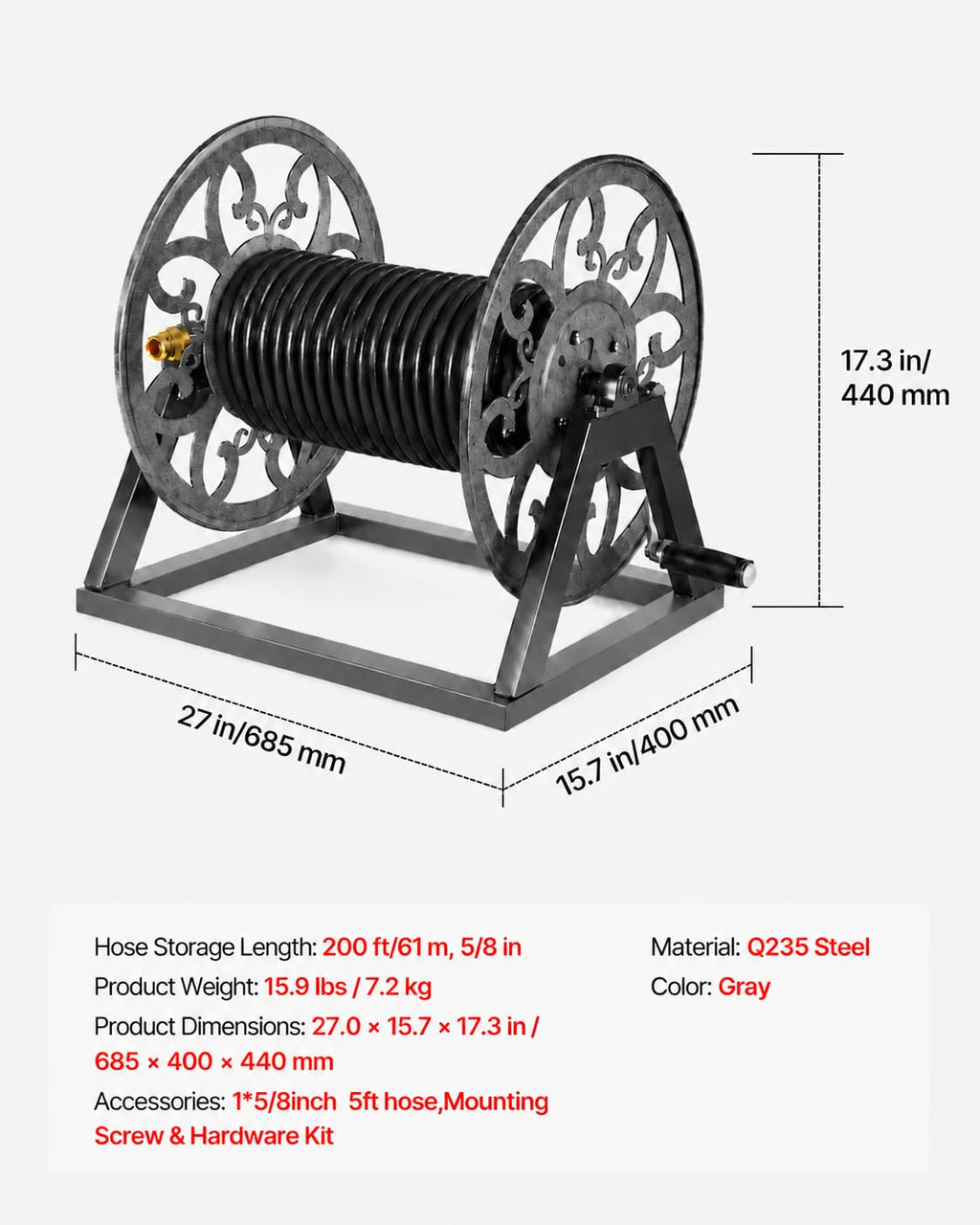 Wall Mounted Garden Hose Reel, Holds 200 ft 5/8" Hose, Heavy-Duty Steel Manual Winder L420