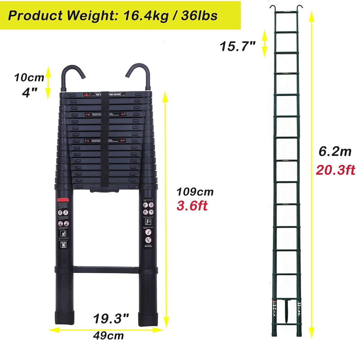 20.3ft Aluminum Telescoping Ladder with Roof Hooks C650197