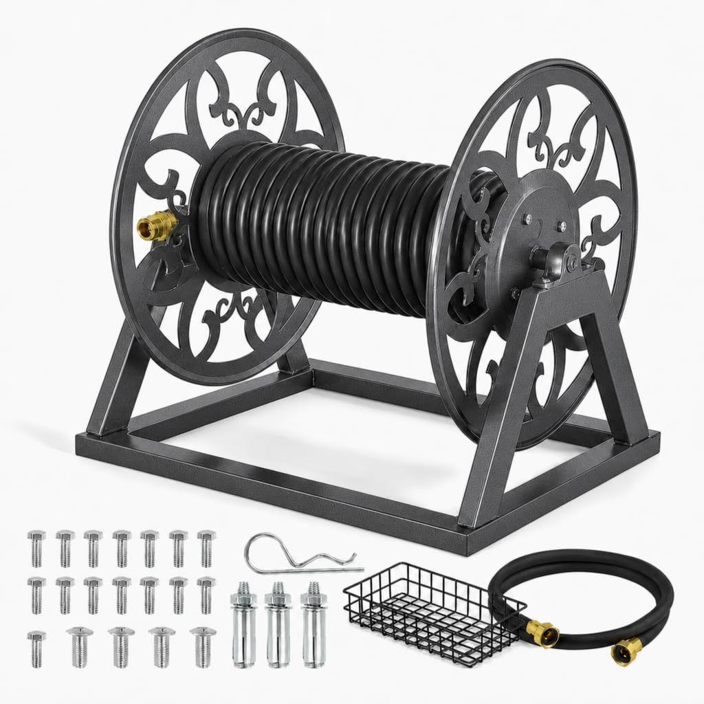 Wall Mounted Garden Hose Reel, Holds 200 ft 5/8" Hose, Heavy-Duty Steel Manual Winder L420