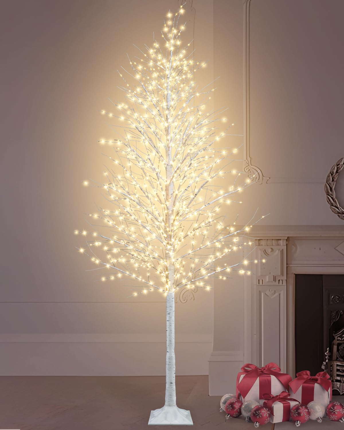 8FT Lighted White Artificial Christmas Twig Tree with 1440 Warm White LEDs Q90705
