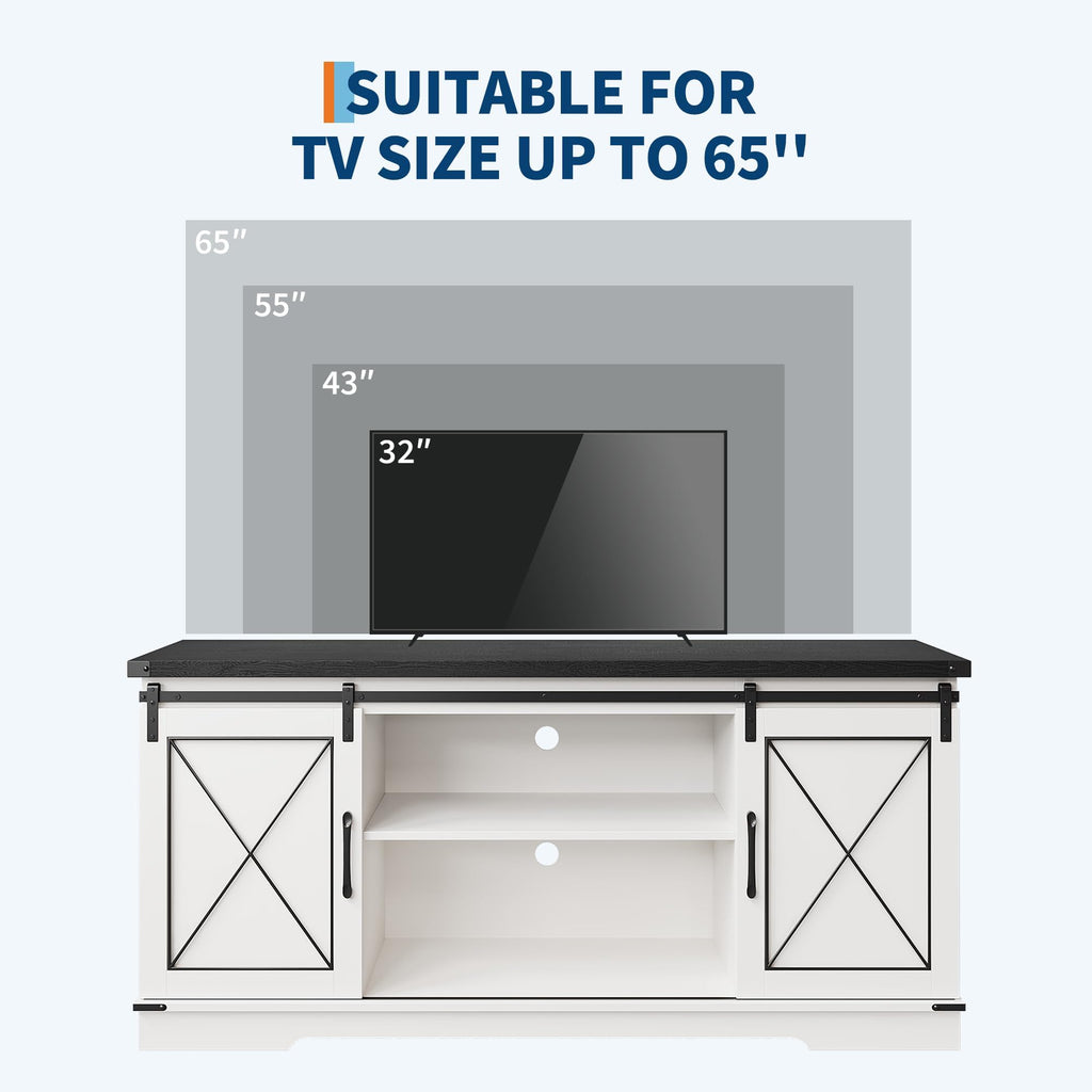 White Rustic Farmhouse TV Stand with Sliding Barn Doors L244255