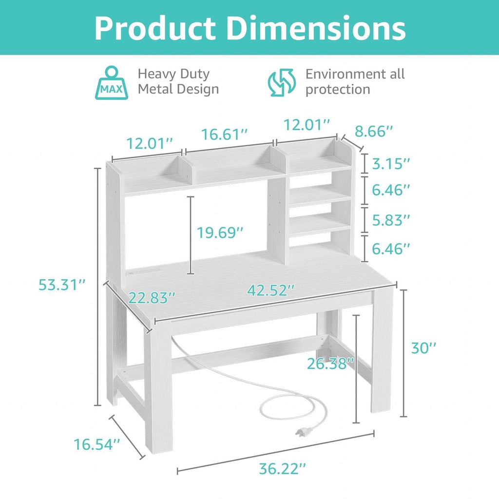 White Student Desk with Hutch and Built-in Power Outlet D3681