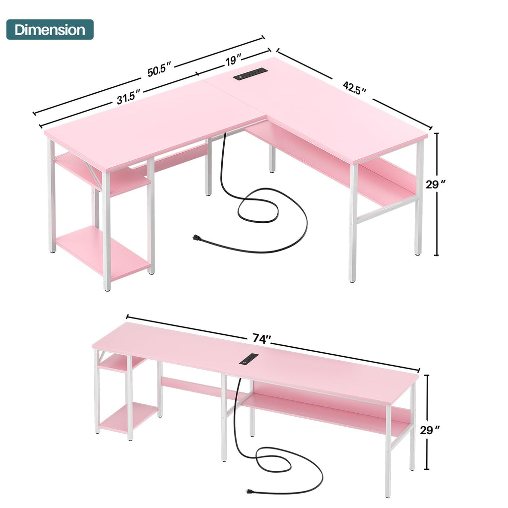 Pink L Shaped Desk with Power Outlets and USB Charging Ports D116920