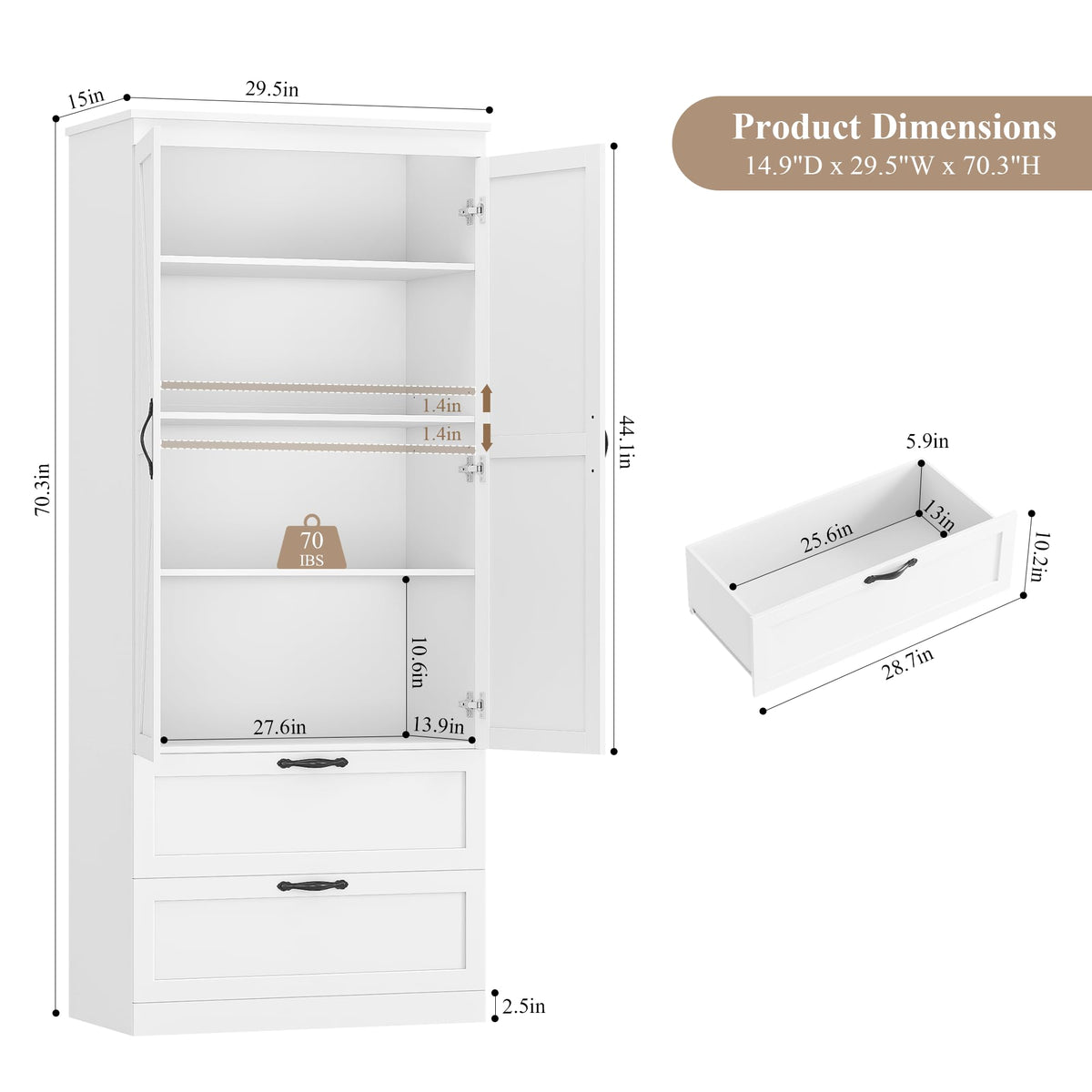 70" White Kitchen Pantry Storage Cabinet W3731
