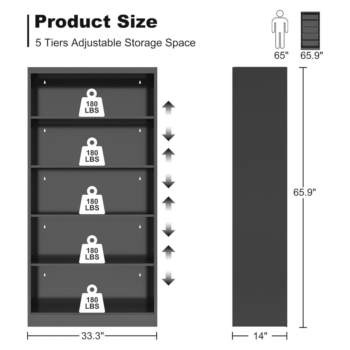 Black 5-Tier Adjustable Metal Bookshelf V7735