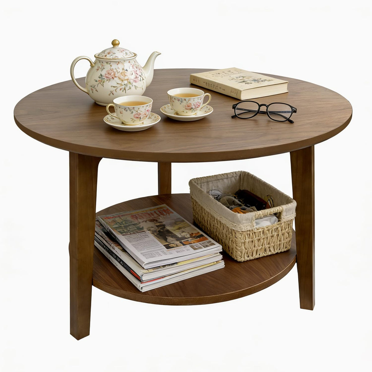 2-Tier Round Wood Coffee Table with Storage Shelf S9811