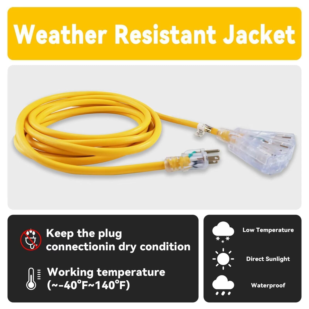 50 Ft Outdoor Extension Cord 3 Outlets Yellow X205