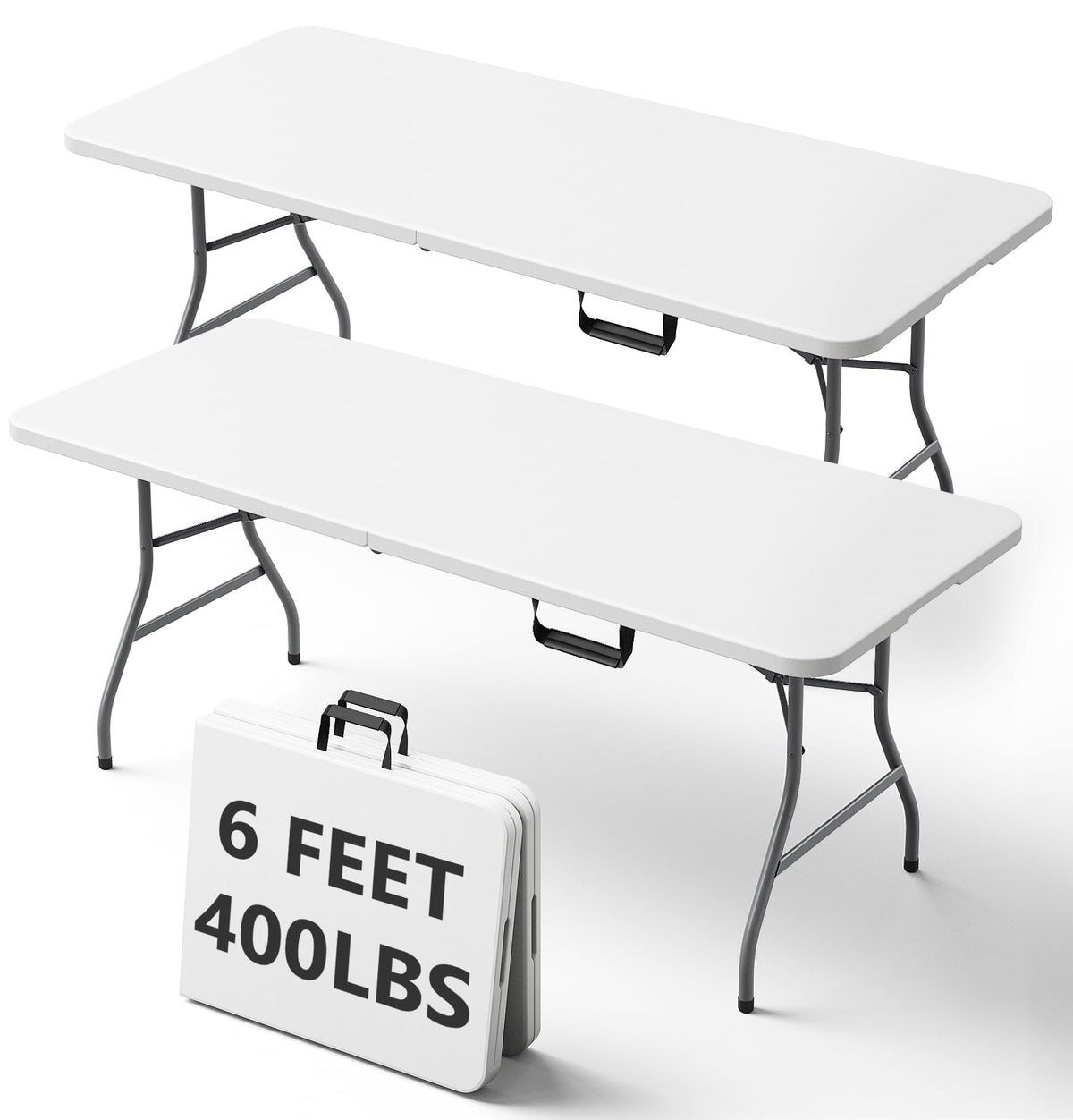 6FT Folding Table, Heavy Duty Plastic Utility Table with Handle, White, 2 Pack P349