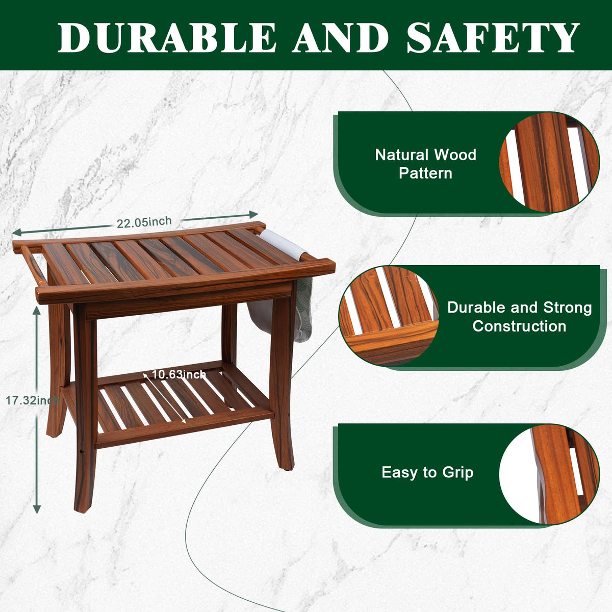 Teak Wood Shower Bench 22"×13"×19" G93084