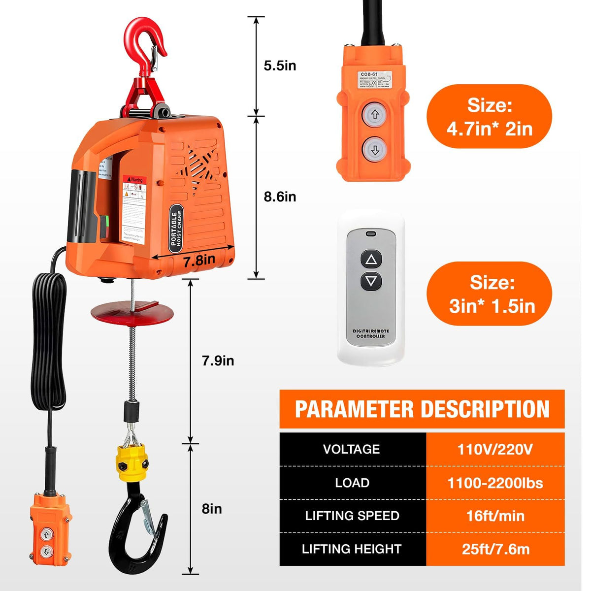 3 in 1 Electric Hoist Winch 2200 lbs 110/120V 25ft Y6506
