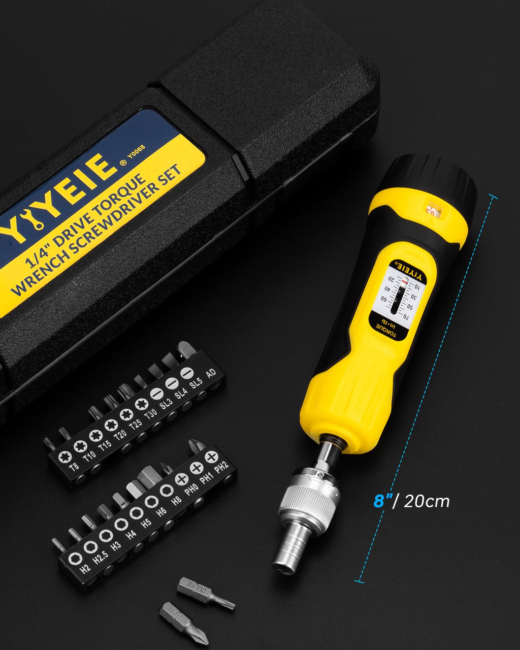 1/4" Ratchet Torque Screwdriver, 10-70 in-lbs, S2 Hex Bits M9372