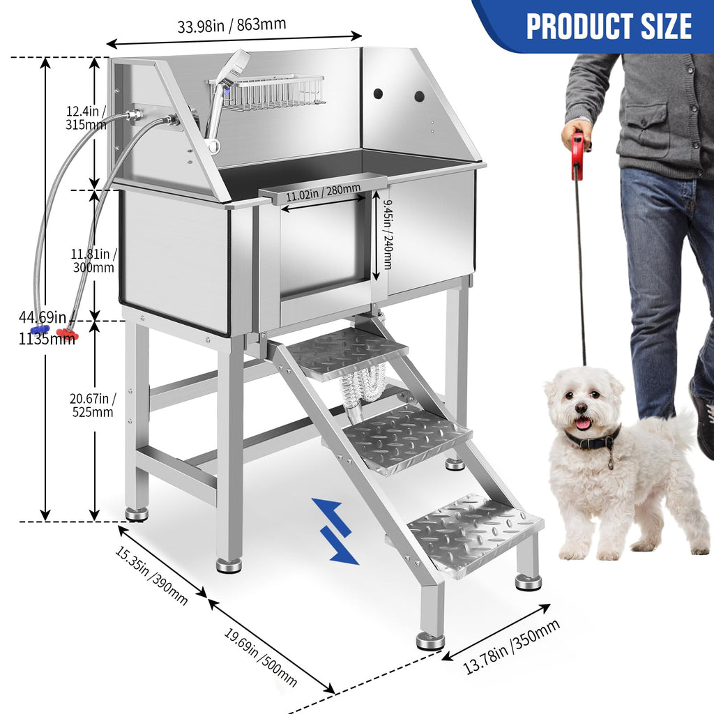 34 Inch Stainless Steel Dog Grooming Bathtub with Anti-Slip Stairs Q304