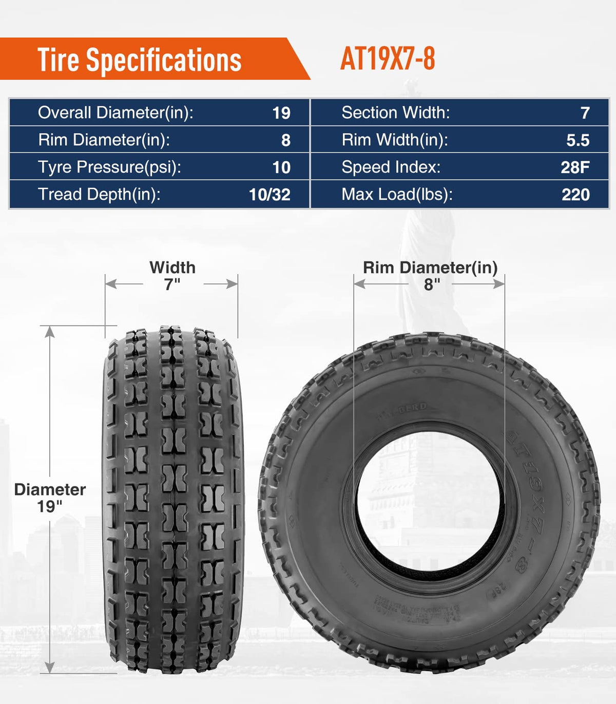 19x7-8 ATV Tires Set of 2 Tubeless All Terrain H32305