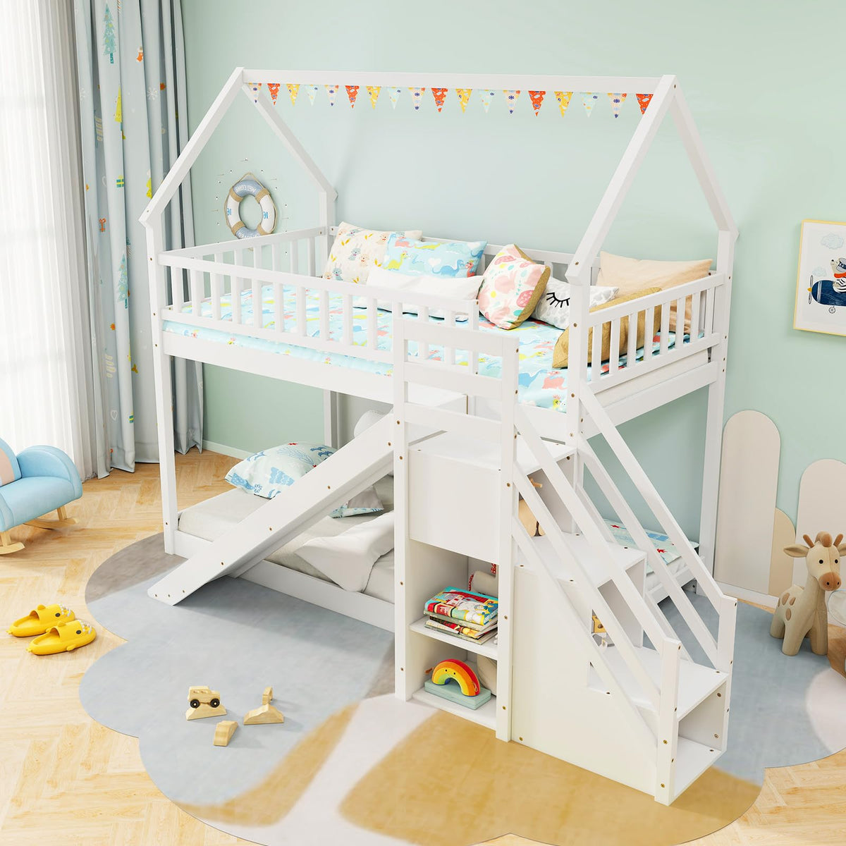 White Twin Over Twin Wood Bunk Bed with Slide and Stairs R954