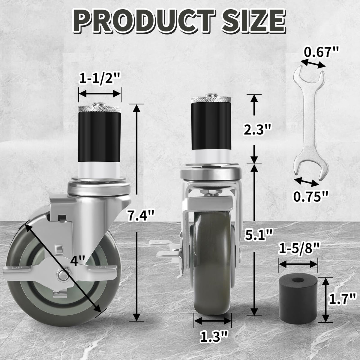 4 Inches Stem Caster Set of 4 with Side Brake L865