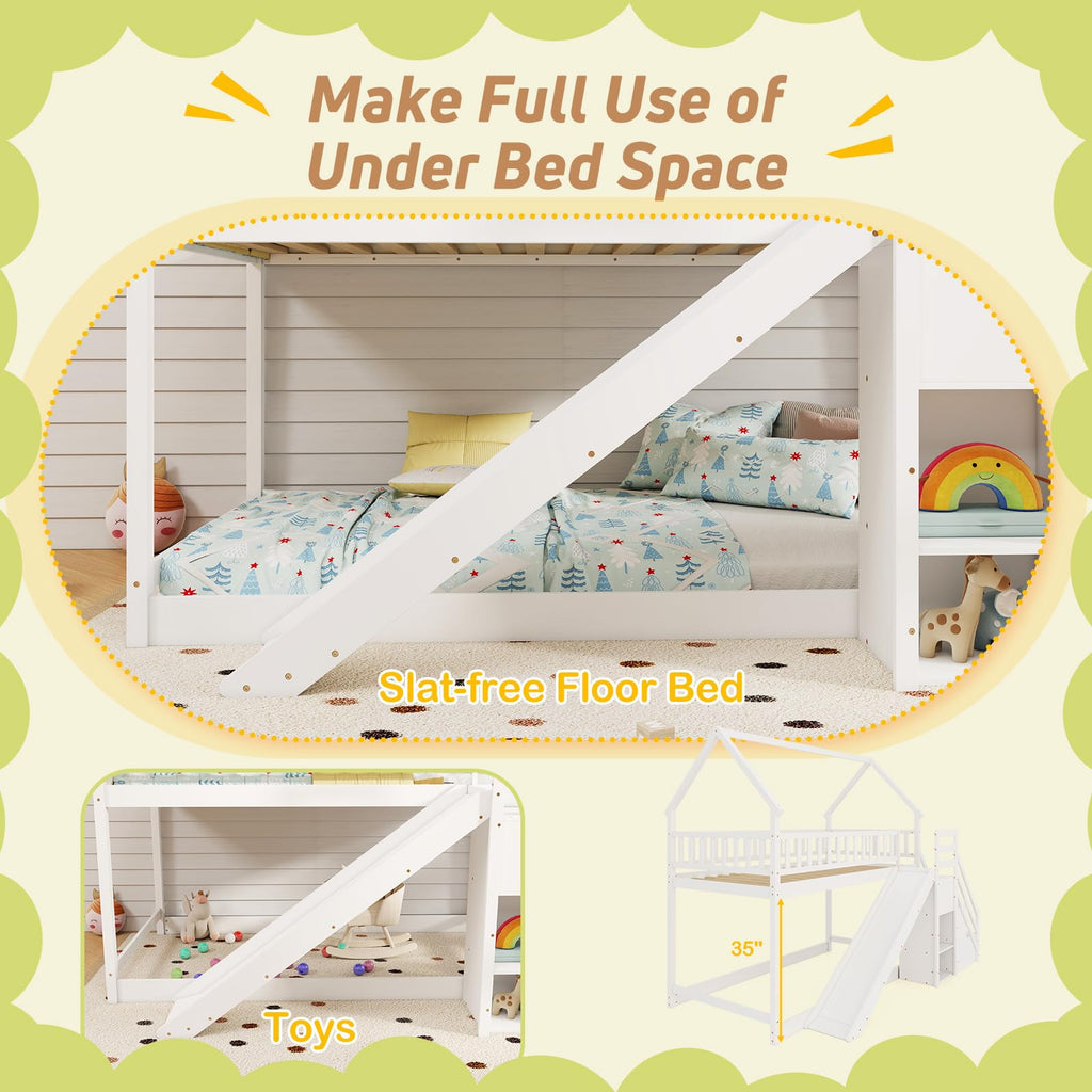 White Twin Over Twin Wood Bunk Bed with Slide and Stairs R954