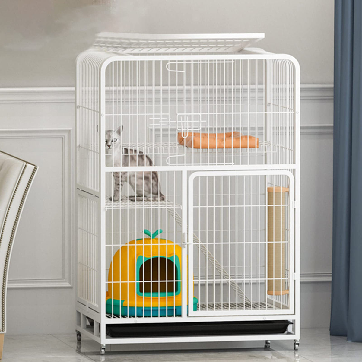 Large 3-Tier Metal Wire Cat Cage with Hammock and Casters K65353