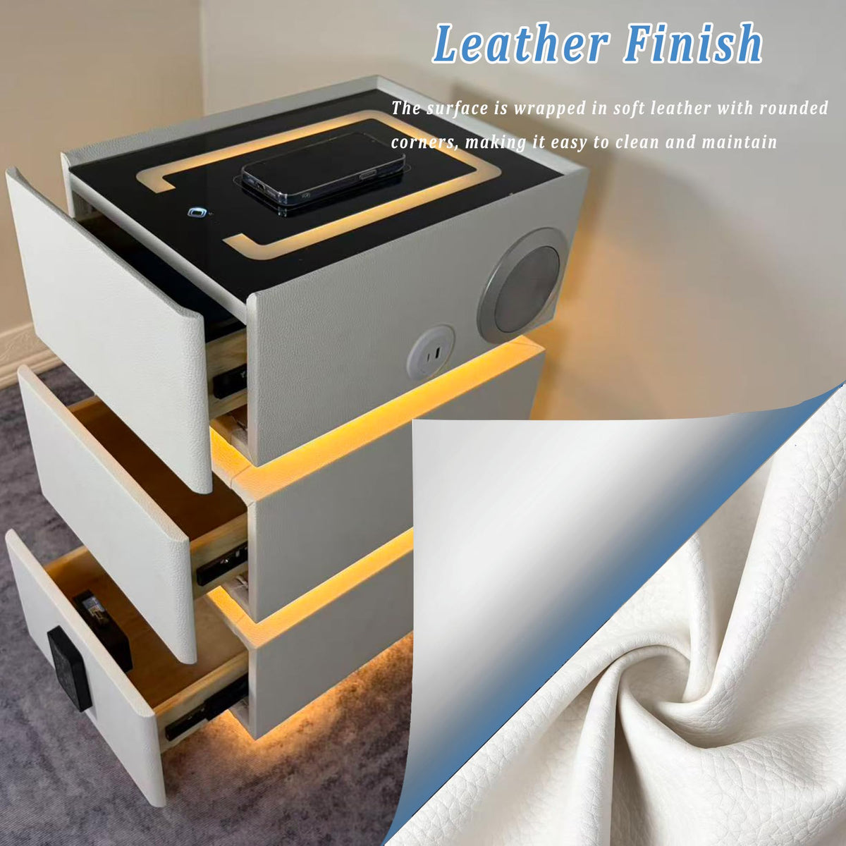 White 3 Drawer Faux Leather Nightstand with Charging Station C63154
