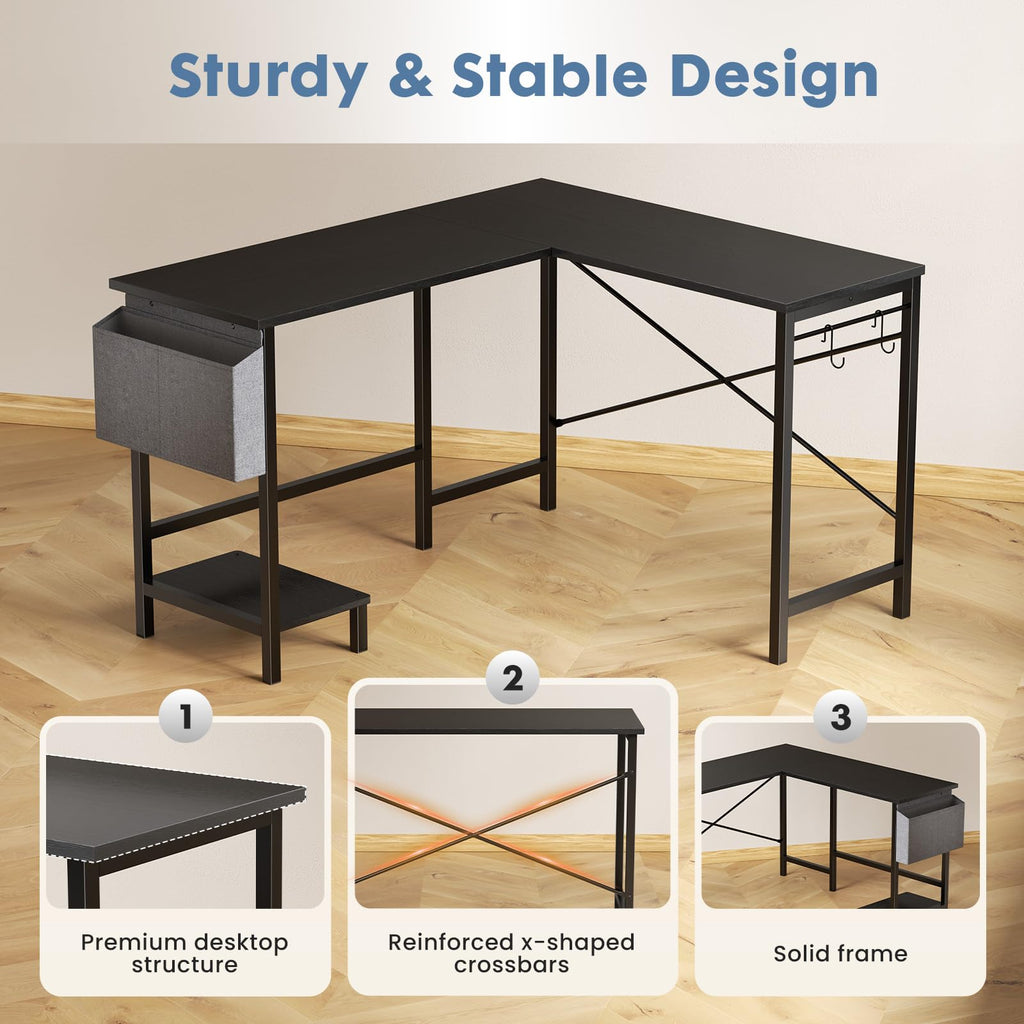L Shaped Computer Corner Desk with PC Stand, Black K278