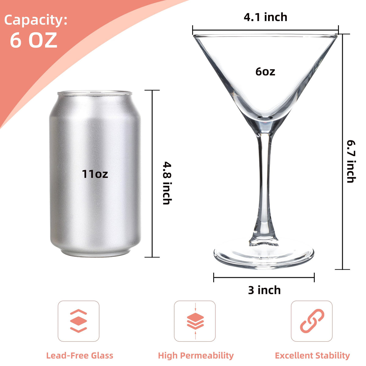 Martini Glasses Set of 7, 6 oz Reusable Cocktail Glasses with Stem H30568