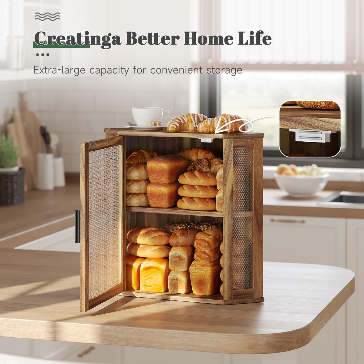 2-Tier Acacia Wood Bread Box with Window Q269168