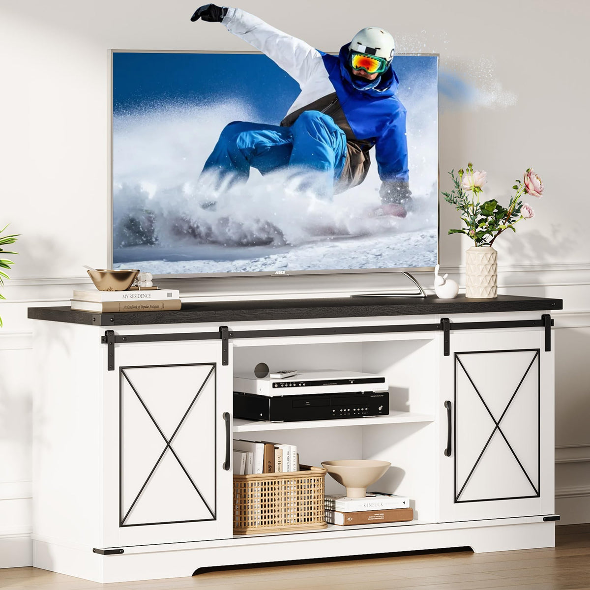 White Rustic Farmhouse TV Stand with Sliding Barn Doors L244255