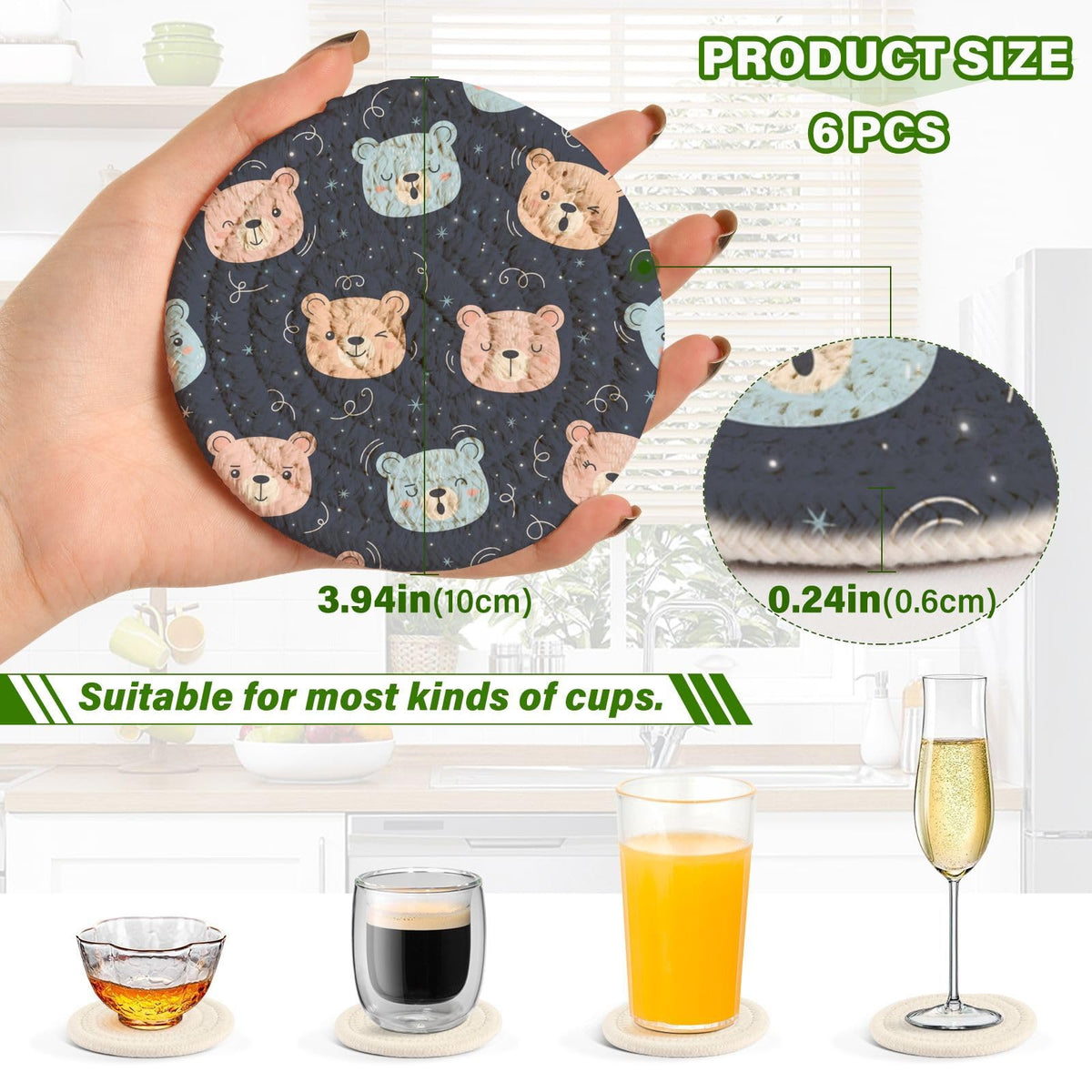 Black Stars Print Drink Coasters with Holder, Set of 6 A1509