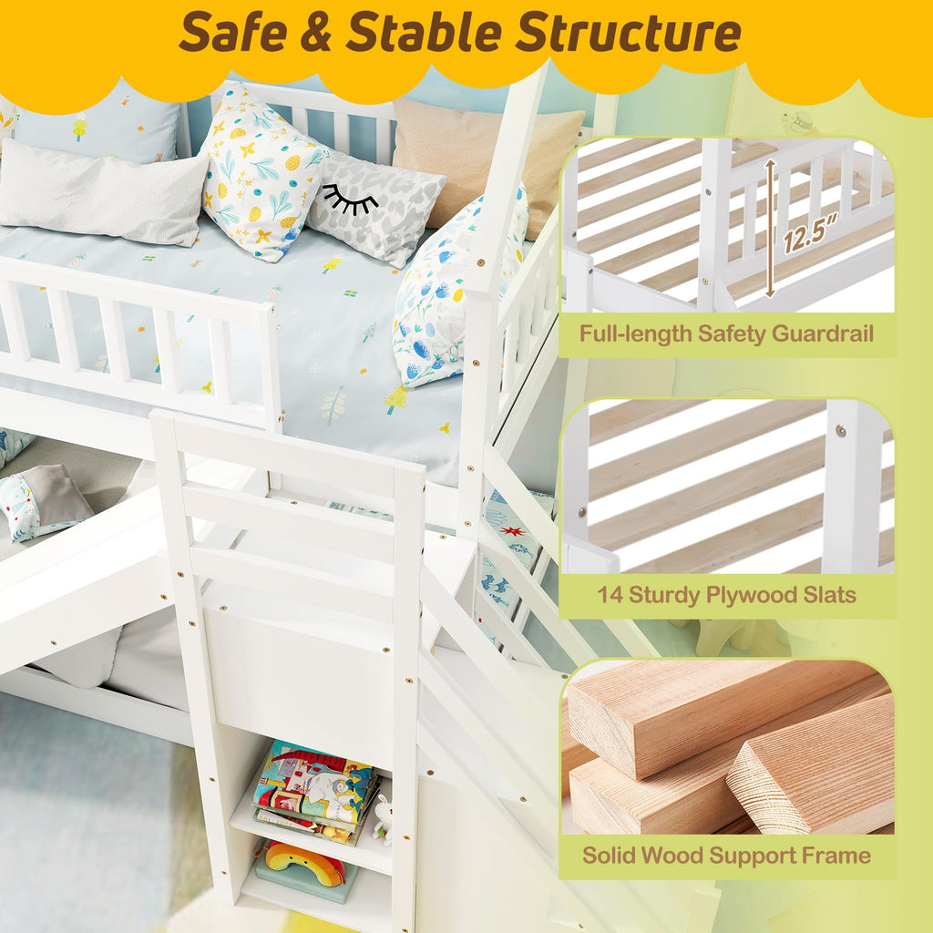 White Twin Over Twin Wood Bunk Bed with Slide and Stairs R954