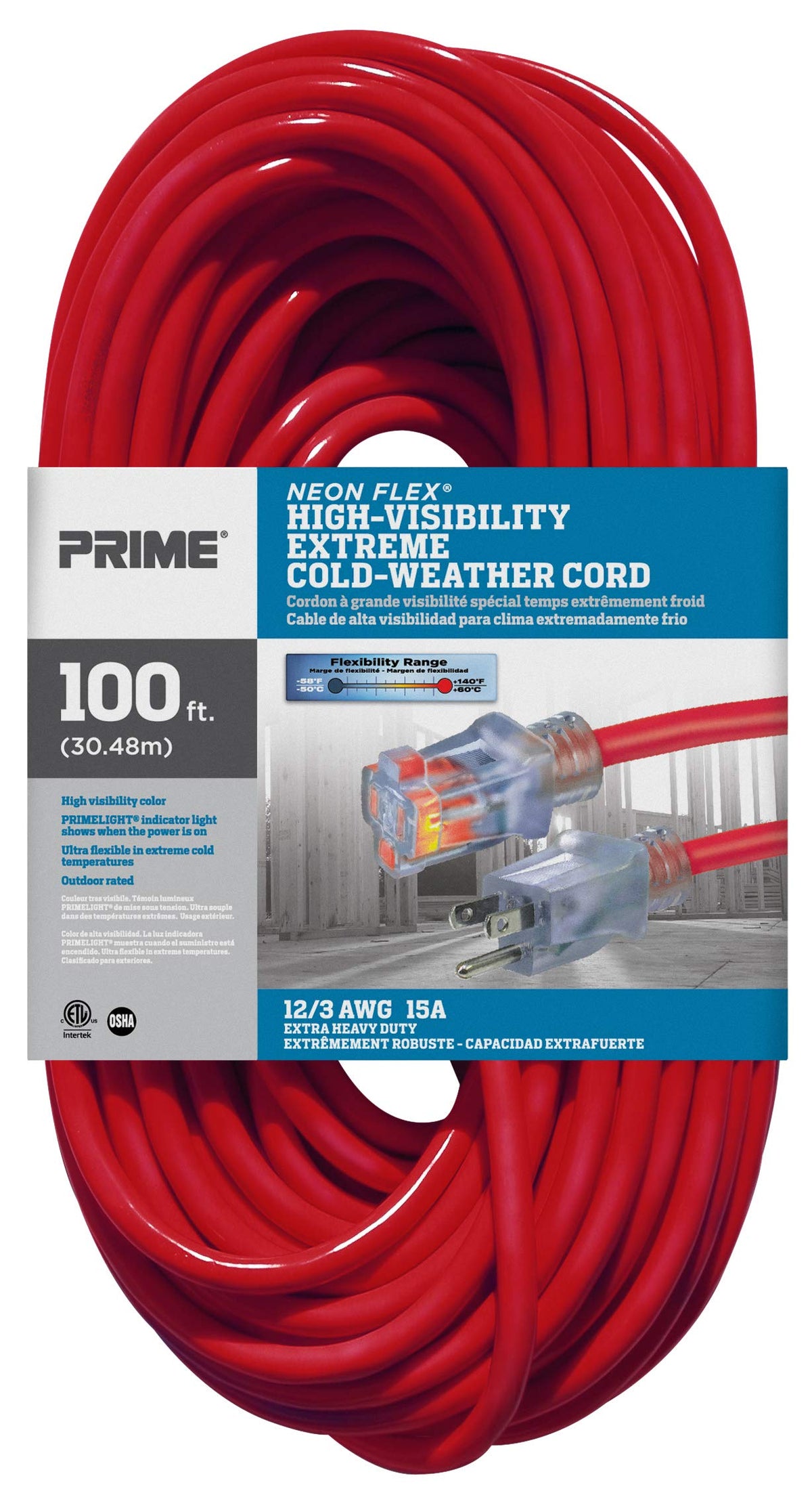 100-Foot 12/3 SJTW Outdoor Extension Cord with Light Indicator, Neon Red R677