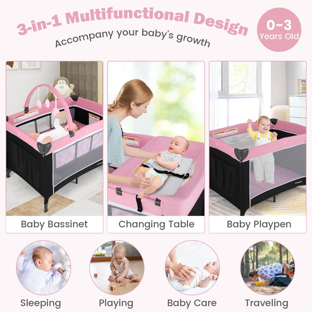 3 in 1 Pink Pack and Play Baby Crib Bassinet S708