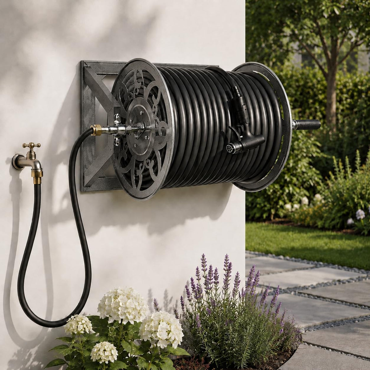 Wall Mounted Garden Hose Reel, Holds 200 ft 5/8" Hose, Heavy-Duty Steel Manual Winder L420