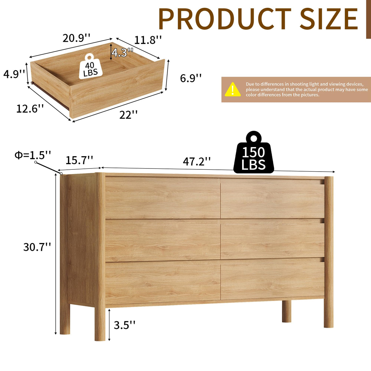 Oak 6 Drawer Dresser with Solid Wood Legs I847