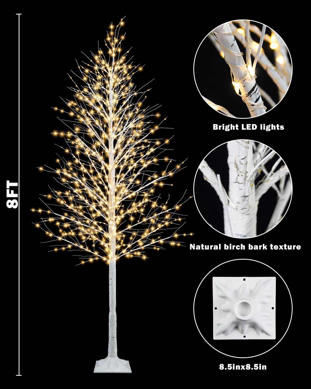 8FT Lighted White Artificial Christmas Twig Tree with 1440 Warm White LEDs Q90705