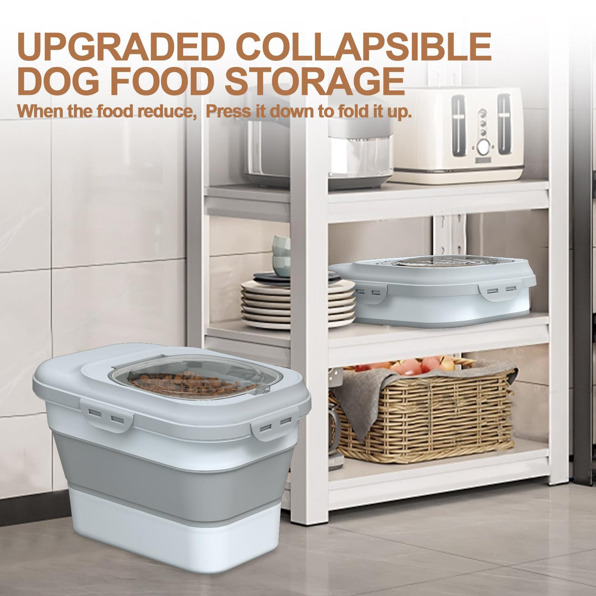 Collapsible Dog Cat Food Storage Container with Scoop Grey F557