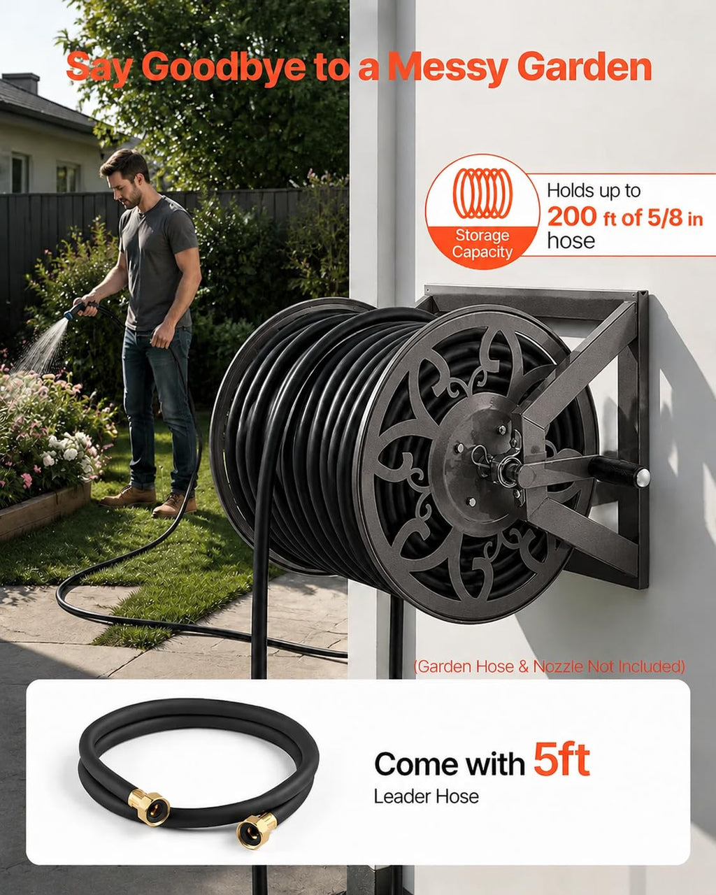 Wall Mounted Garden Hose Reel, Holds 200 ft 5/8" Hose, Heavy-Duty Steel Manual Winder L420