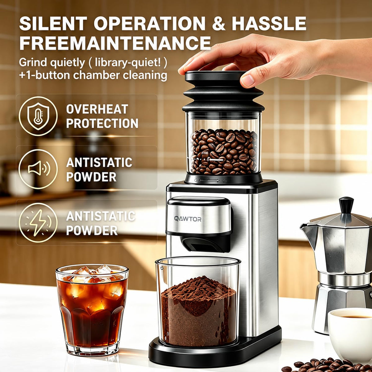 Conical Burr Coffee Bean Grinder, 25 Precise Settings, Anti-Static L43048