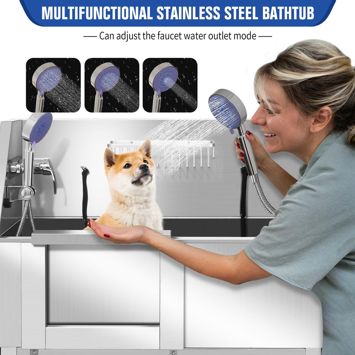 34 Inch Stainless Steel Dog Grooming Bathtub with Anti-Slip Stairs Q304
