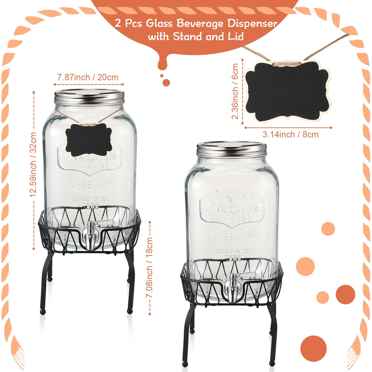 2 Pack 2 Gallon Glass Drink Dispenser with Stand H32557