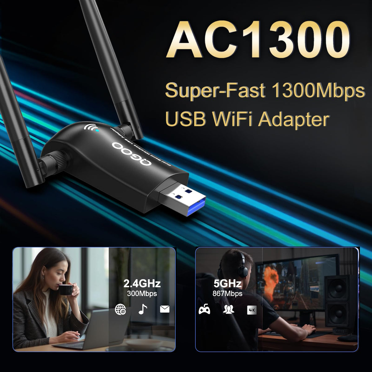 Wireless AC1300Mbps USB 3.0 WiFi Adapter with 5dBi Dual Antennas E404932