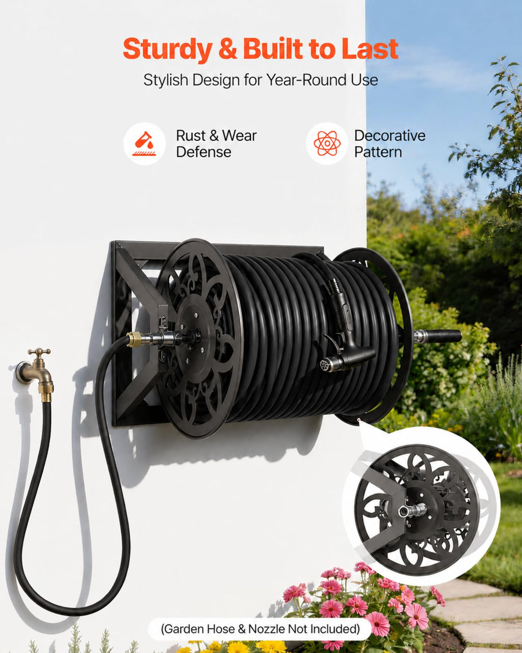 Wall Mounted Garden Hose Reel, Holds 200 ft 5/8" Hose, Heavy-Duty Steel Manual Winder L420
