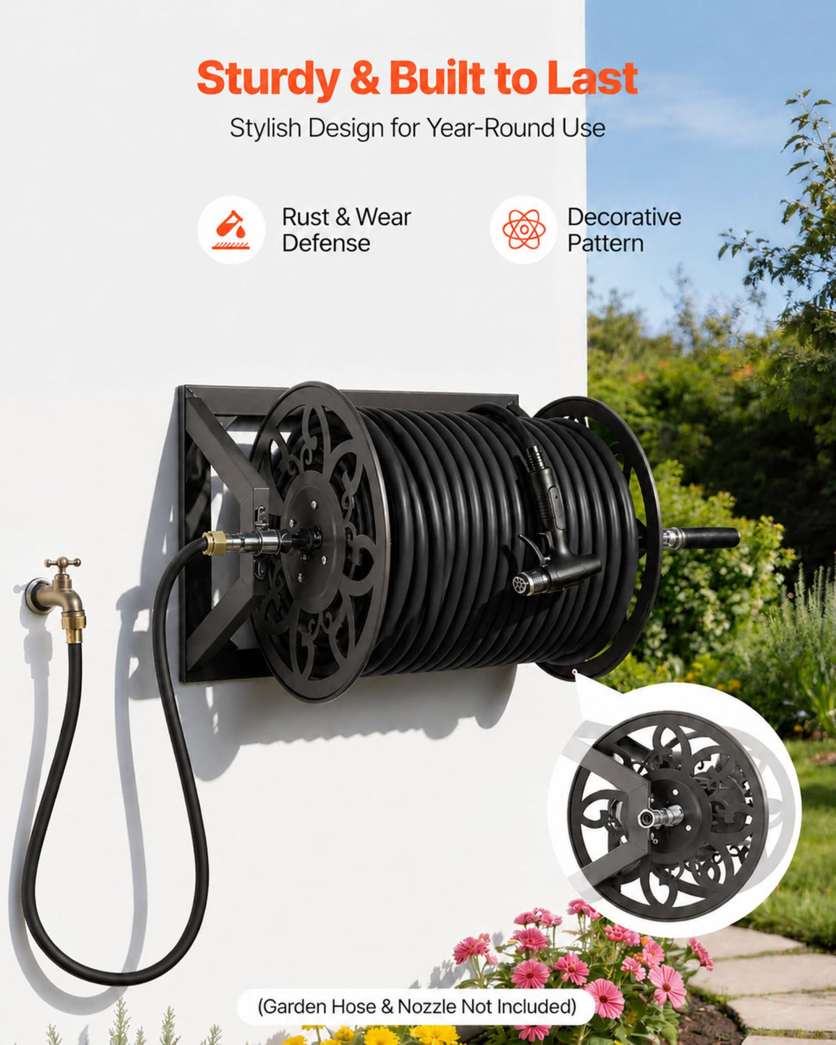 Wall Mounted Garden Hose Reel, Holds 200 ft 5/8" Hose, Heavy-Duty Steel Manual Winder L420