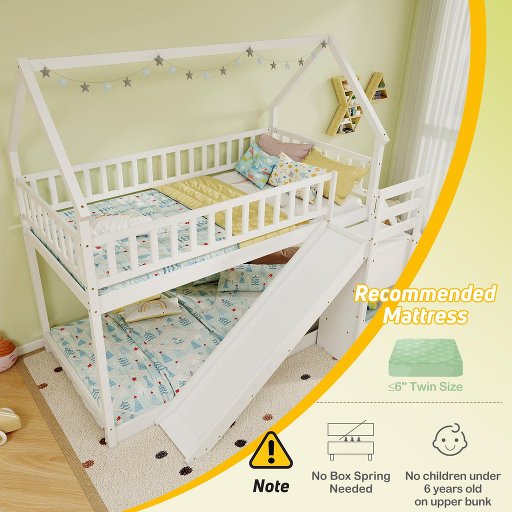 White Twin Over Twin Wood Bunk Bed with Slide and Stairs R954