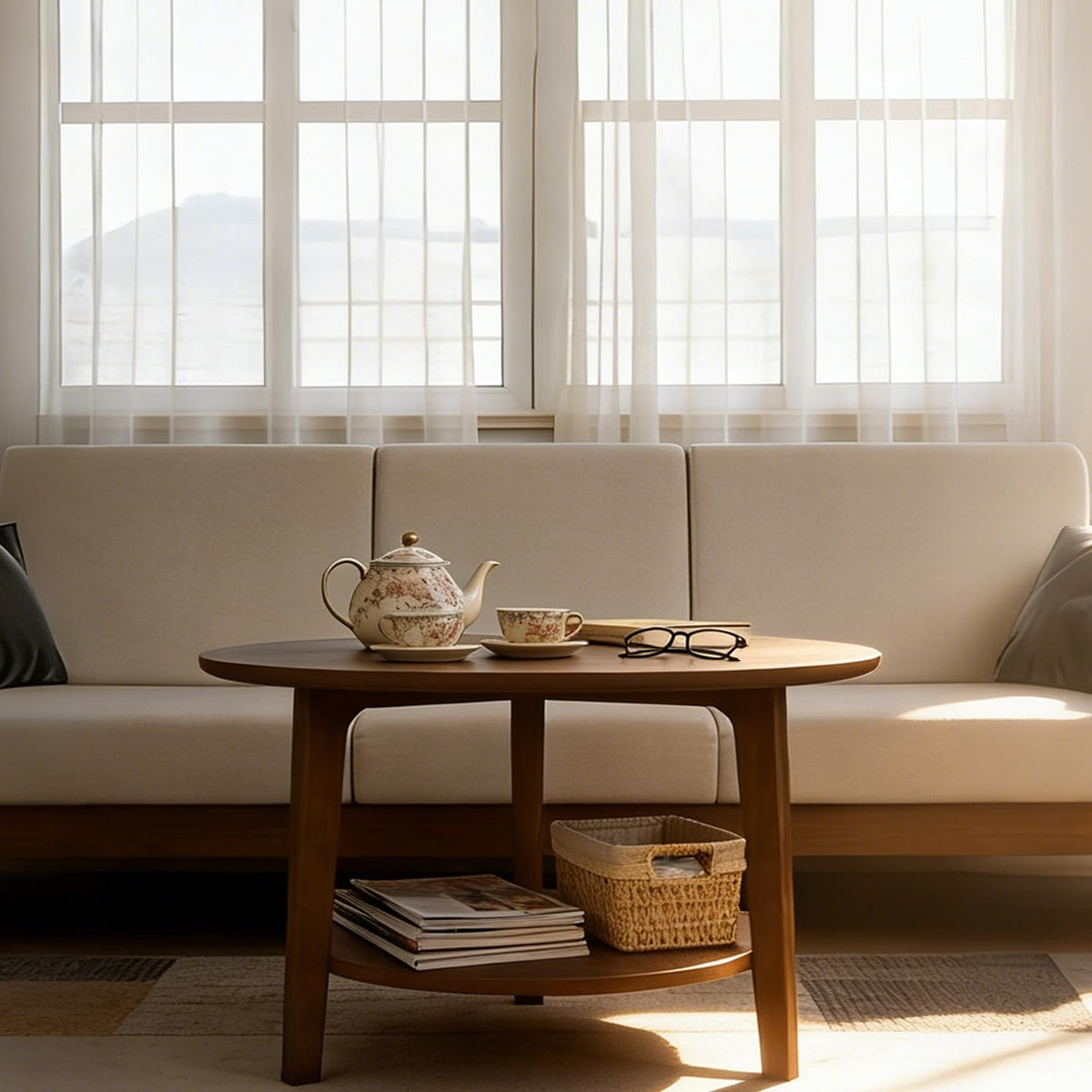 2-Tier Round Wood Coffee Table with Storage Shelf S9811
