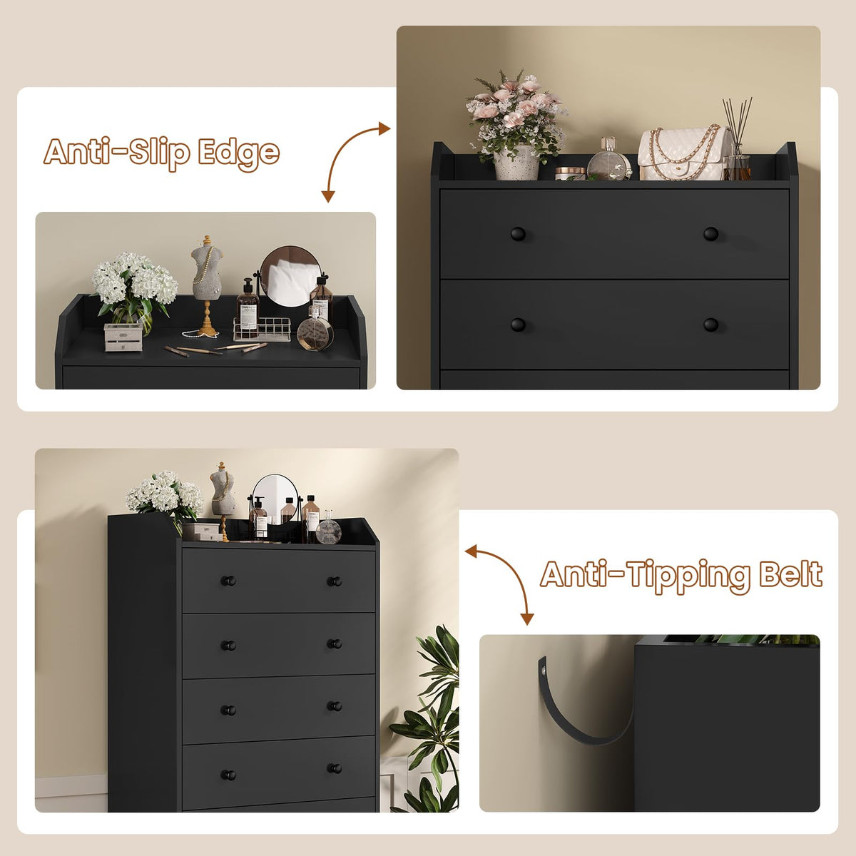 6 Drawer Tall Black Dresser N5852